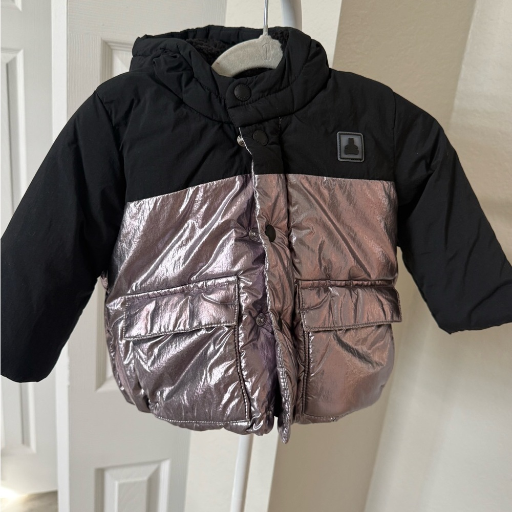 Kids Metallic & Black Puffer Jacket - Hooded Winter Coat